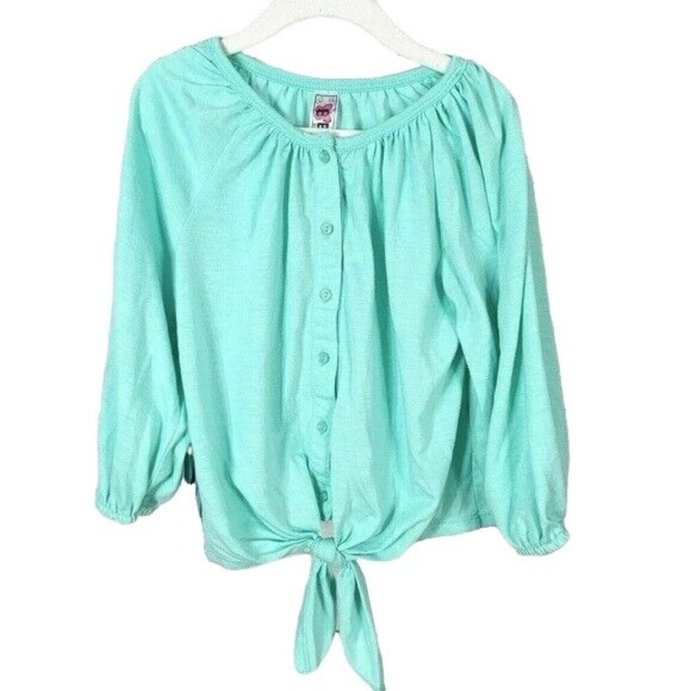 Beautees Girls Button Front Top Green Med Tie Hem Long Sleeve Round Neck